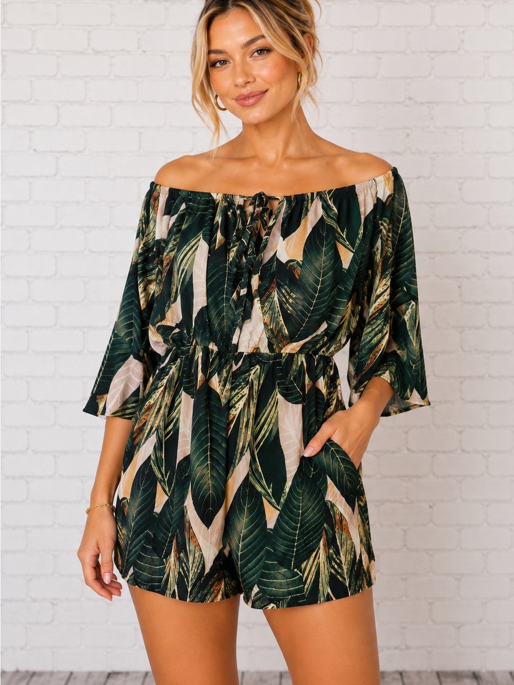 SHEIN Off-Shoulder Tropical Leaf Romper in Dark Green and Cream